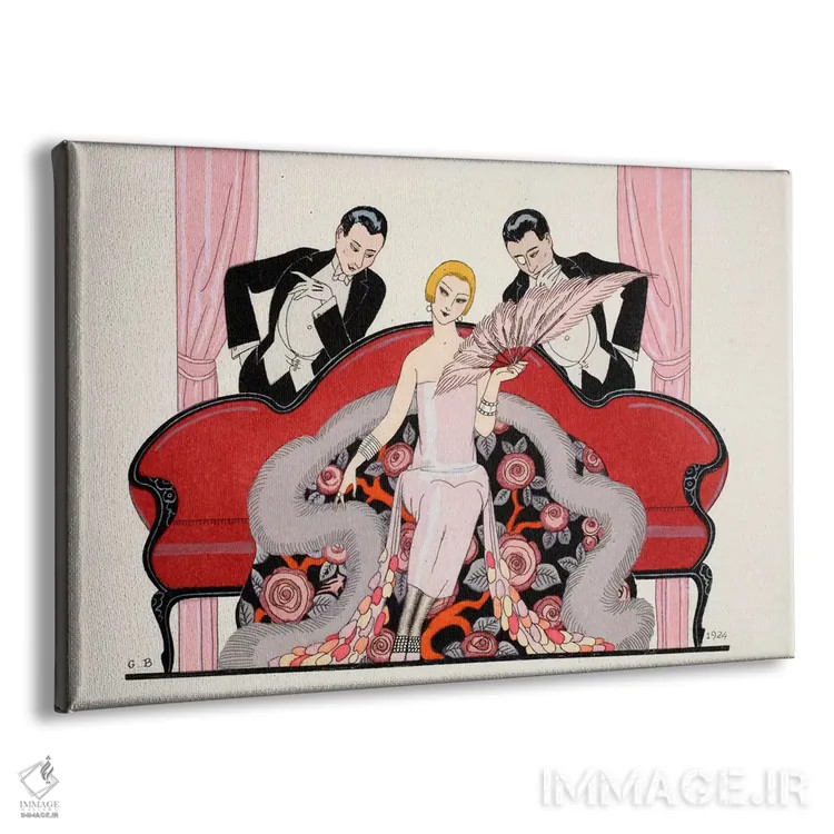 تابلو Almanach des Modes Présentes,جزئیات روکش جلوی "فالبالا و فانفرلوش، سالنامه مُدهای حاضر" اثر جورج باربیه (طراح و تصویرگر فرانسوی) - نمای پرسپکتیو محصول