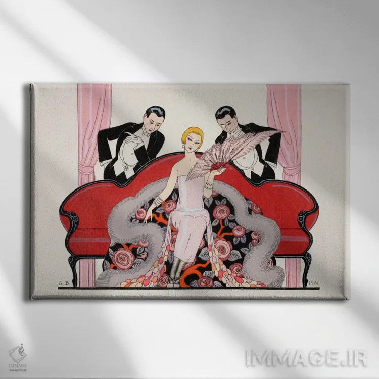 تابلو Almanach des Modes Présentes,جزئیات روکش جلوی "فالبالا و فانفرلوش، سالنامه مُدهای حاضر" اثر جورج باربیه (طراح و تصویرگر فرانسوی) - نمای روبهرو روی دیوار