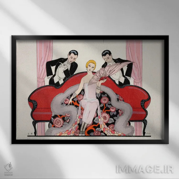 تابلو Almanach des Modes Présentes,جزئیات روکش جلوی "فالبالا و فانفرلوش، سالنامه مُدهای حاضر" اثر جورج باربیه (طراح و تصویرگر فرانسوی) - نمای قابدار مشکی