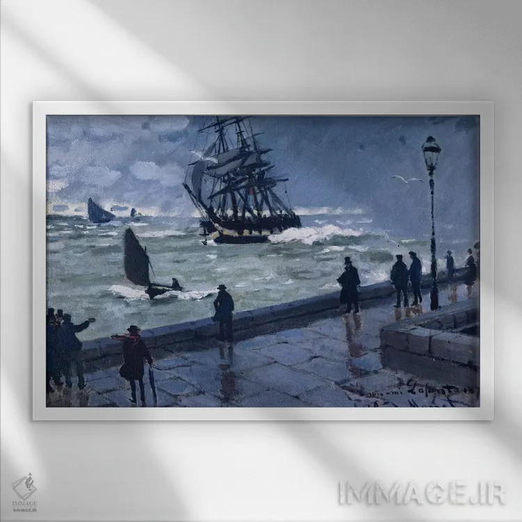 تابلو Bad Weather, 1870,اسکله لُهاور، هوای بد، ۱۸۷۰ اثر کلود مونه (نقاش معروف فرانسوی) - نمای قابدار سفید