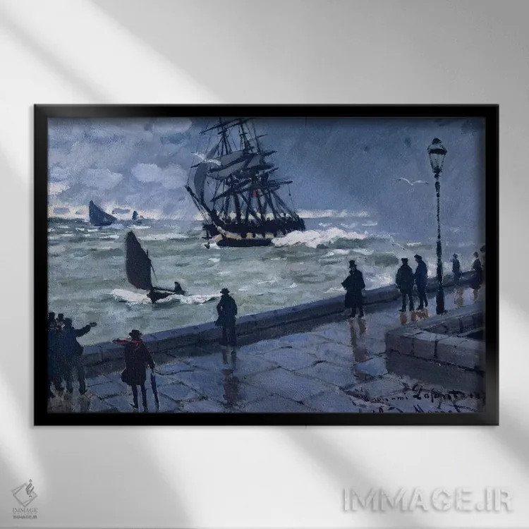 تابلو Bad Weather, 1870,اسکله لُهاور، هوای بد، ۱۸۷۰ اثر کلود مونه (نقاش معروف فرانسوی) - نمای قابدار مشکی