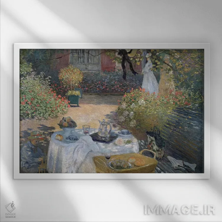 تابلو c.1873,ناهار: باغ مونه در آرژانتوی، حدود ۱۸۷۳ اثر کلود مونه (نقاش معروف فرانسوی) - نمای قابدار سفید