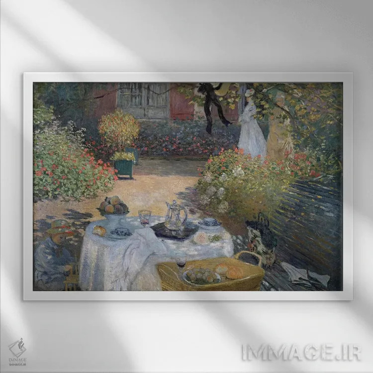 تابلو c.1873,ناهار: باغ مونه در آرژانتوی، حدود ۱۸۷۳ اثر کلود مونه (نقاش معروف فرانسوی) - نمای قابدار سفید