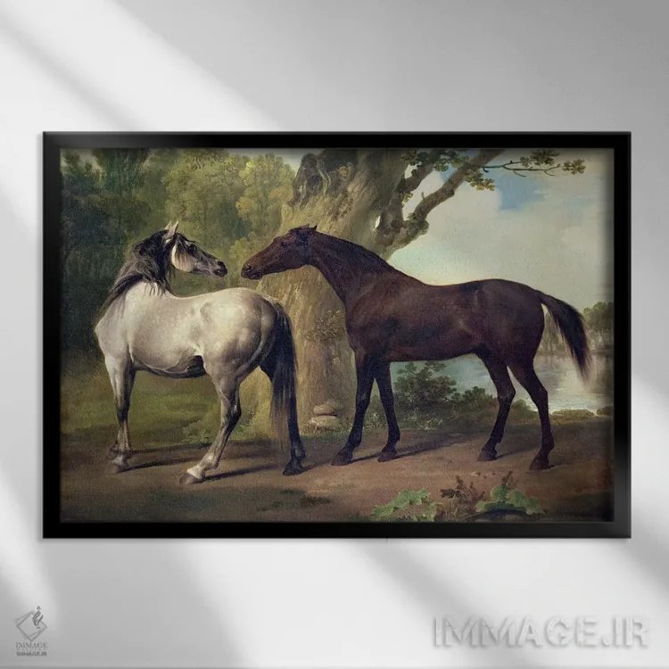 تابلو دو اسب در یک منظره اثر جورج استابز (نقاش حیوانات انگلیسی) - نمای قابدار مشکی