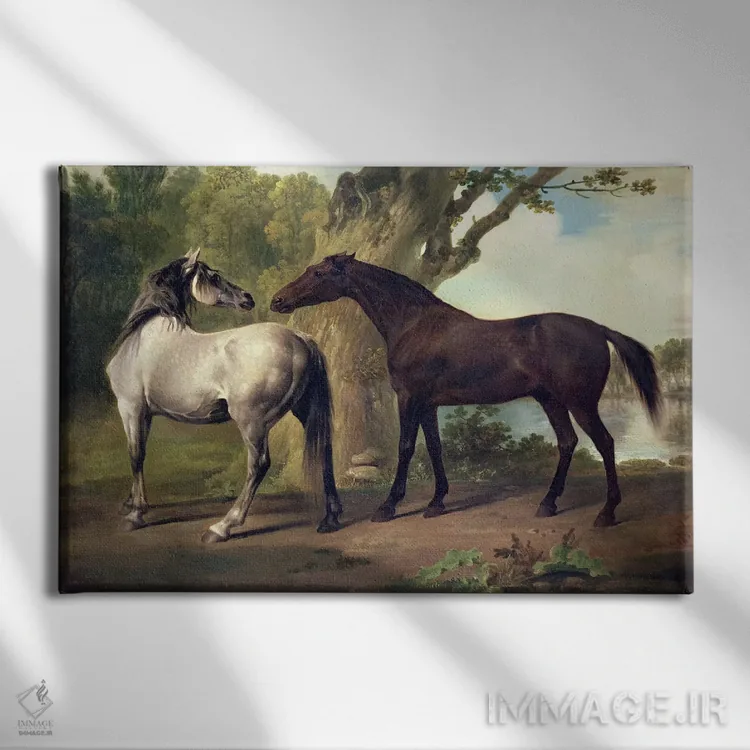 تابلو دو اسب در یک منظره اثر جورج استابز (نقاش حیوانات انگلیسی) - نمای روبهرو روی دیوار