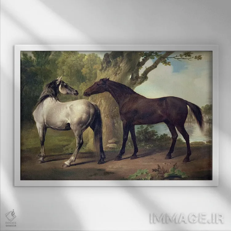 تابلو دو اسب در یک منظره اثر جورج استابز (نقاش حیوانات انگلیسی) - نمای قابدار سفید