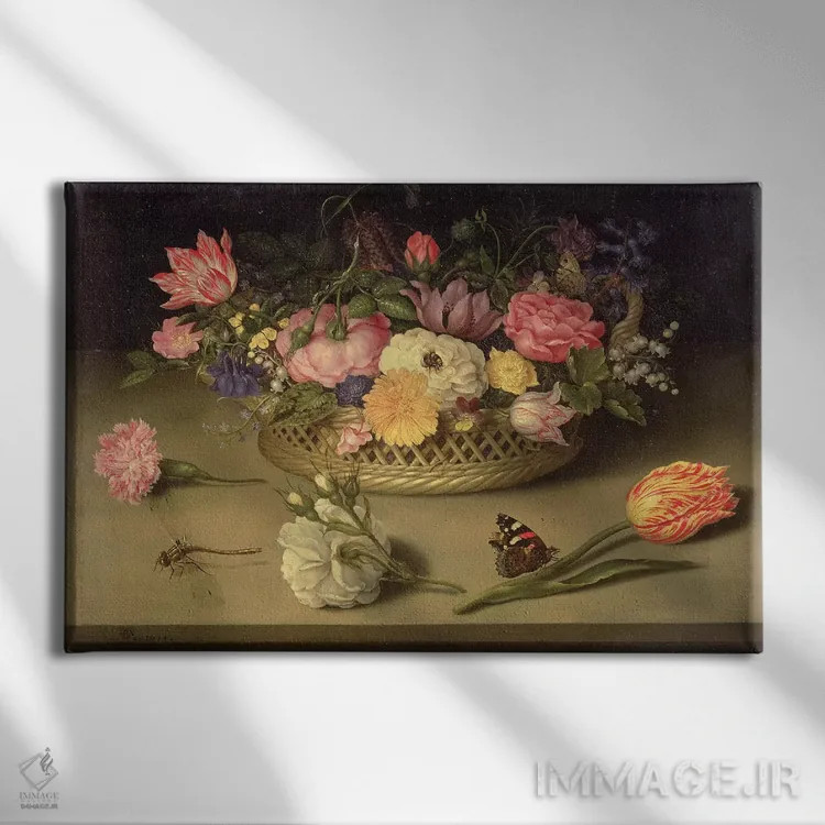 تابلو a dragonfly and a red admiral, 1614,طبیعت بیجان گلها، یک سنجاقک و پروانه سرخ، ۱۶۱۴ اثر امبروسیوس باسکارت بزرگ (نقاش هلندی) - نمای روبهرو روی دیوار
