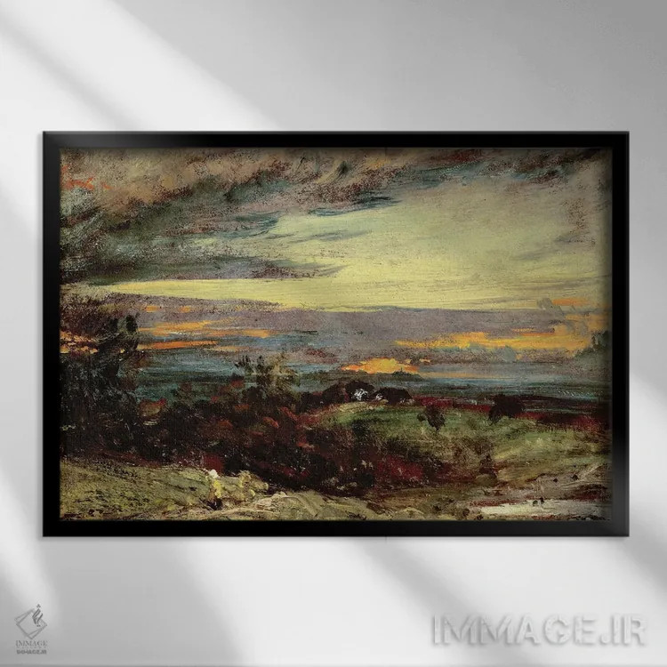 تابلو looking towards Harrow,مطالعه غروب همپستد، رو به سمت هارو اثر جان کانستبل (نقاش انگلیسی) - نمای قابدار مشکی