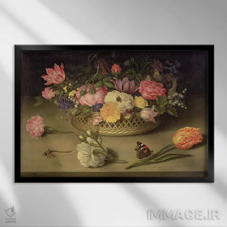 تابلو a dragonfly and a red admiral, 1614,طبیعت بیجان گلها، یک سنجاقک و پروانه سرخ، ۱۶۱۴ اثر امبروسیوس باسکارت بزرگ (نقاش هلندی) - نمای قابدار مشکی