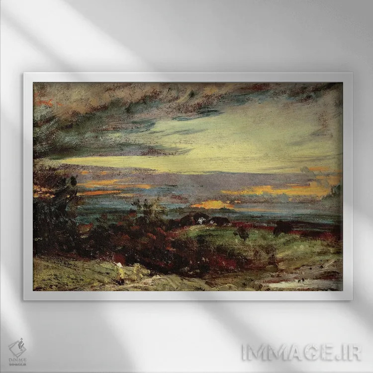 تابلو looking towards Harrow,مطالعه غروب همپستد، رو به سمت هارو اثر جان کانستبل (نقاش انگلیسی) - نمای قابدار سفید