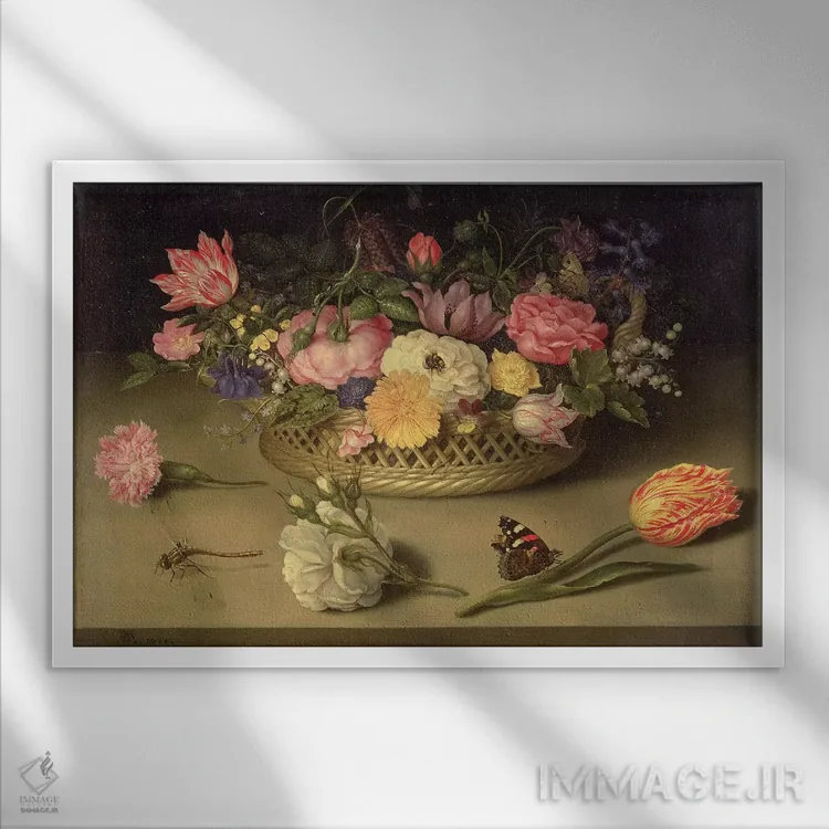 تابلو a dragonfly and a red admiral, 1614,طبیعت بیجان گلها، یک سنجاقک و پروانه سرخ، ۱۶۱۴ اثر امبروسیوس باسکارت بزرگ (نقاش هلندی) - نمای قابدار سفید