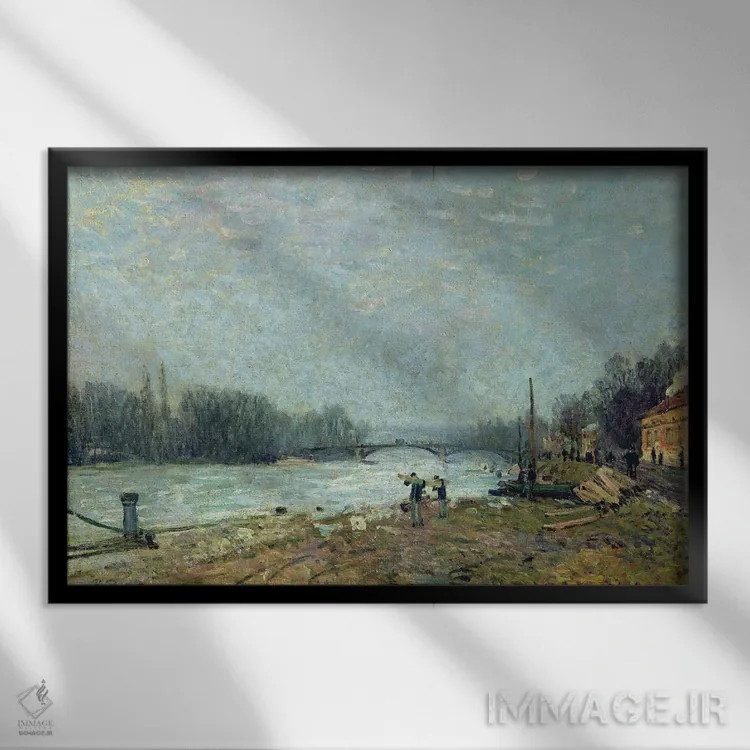 تابلو the Seine at Suresnes Bridge, 1880,پس از آب شدن یخ، رود سن در پل سورسن، ۱۸۸۰ اثر آلفرد سیسلی (نقاش امپرسیونیست انگلیسی-فرانسوی) - نمای قابدار مشکی