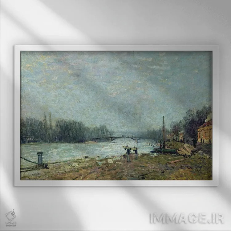 تابلو the Seine at Suresnes Bridge, 1880,پس از آب شدن یخ، رود سن در پل سورسن، ۱۸۸۰ اثر آلفرد سیسلی (نقاش امپرسیونیست انگلیسی-فرانسوی) - نمای قابدار سفید
