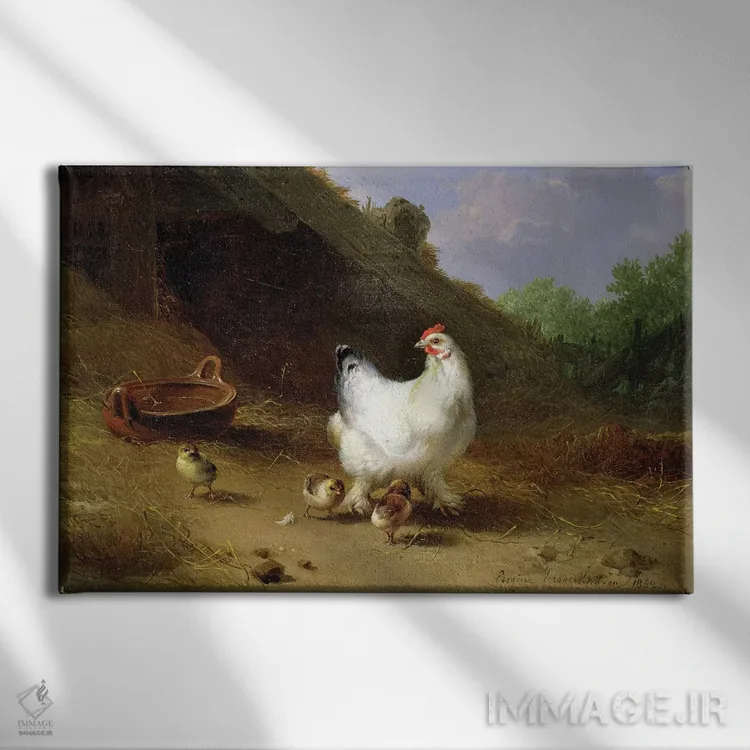 تابلو مرغ و جوجههایش اثر اوژن ژوزف وربکوون (نقاش بلژیکی) - نمای روبهرو روی دیوار