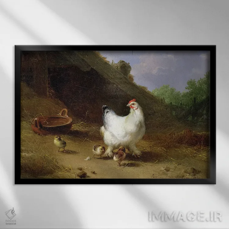 تابلو مرغ و جوجههایش اثر اوژن ژوزف وربکوون (نقاش بلژیکی) - نمای قابدار مشکی