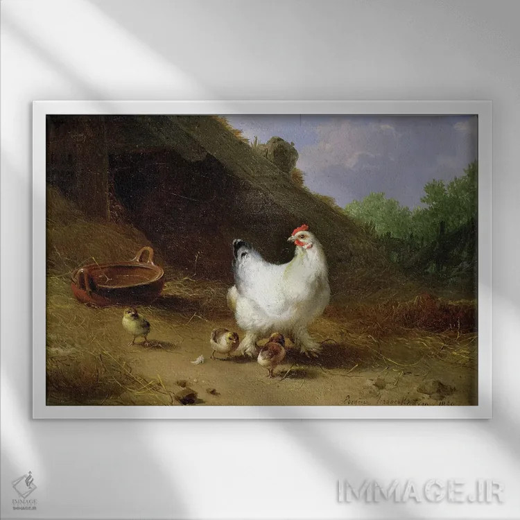 تابلو مرغ و جوجههایش اثر اوژن ژوزف وربکوون (نقاش بلژیکی) - نمای قابدار سفید