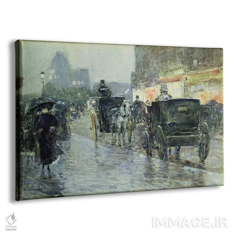 تابلو New York, c.1890,کالسکههای اسبی در شب، نیویورک، حدود ۱۸۹۰ اثر چایلد هسام (نقاش امپرسیونیست آمریکایی) - نمای پرسپکتیو محصول