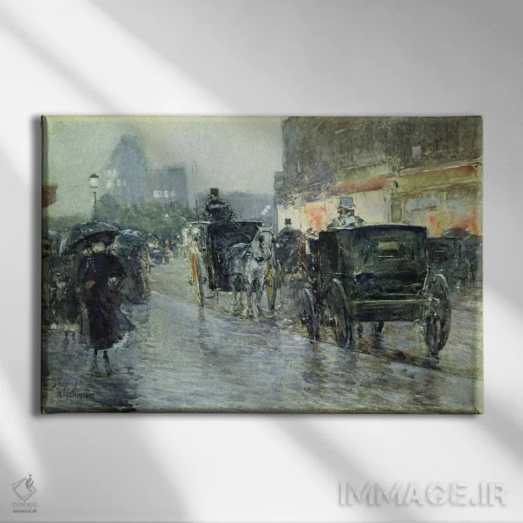 تابلو New York, c.1890,کالسکههای اسبی در شب، نیویورک، حدود ۱۸۹۰ اثر چایلد هسام (نقاش امپرسیونیست آمریکایی) - نمای روبهرو روی دیوار