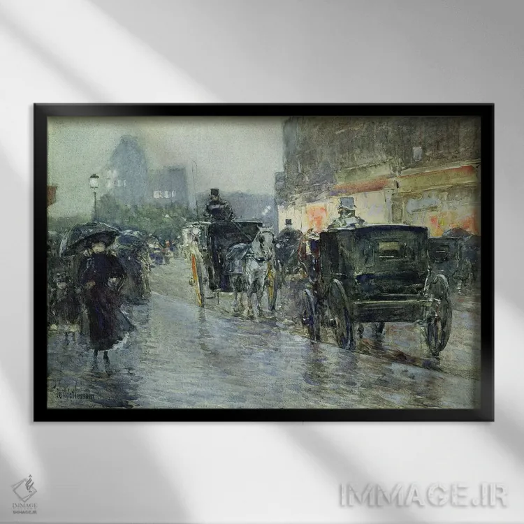 تابلو New York, c.1890,کالسکههای اسبی در شب، نیویورک، حدود ۱۸۹۰ اثر چایلد هسام (نقاش امپرسیونیست آمریکایی) - نمای قابدار مشکی