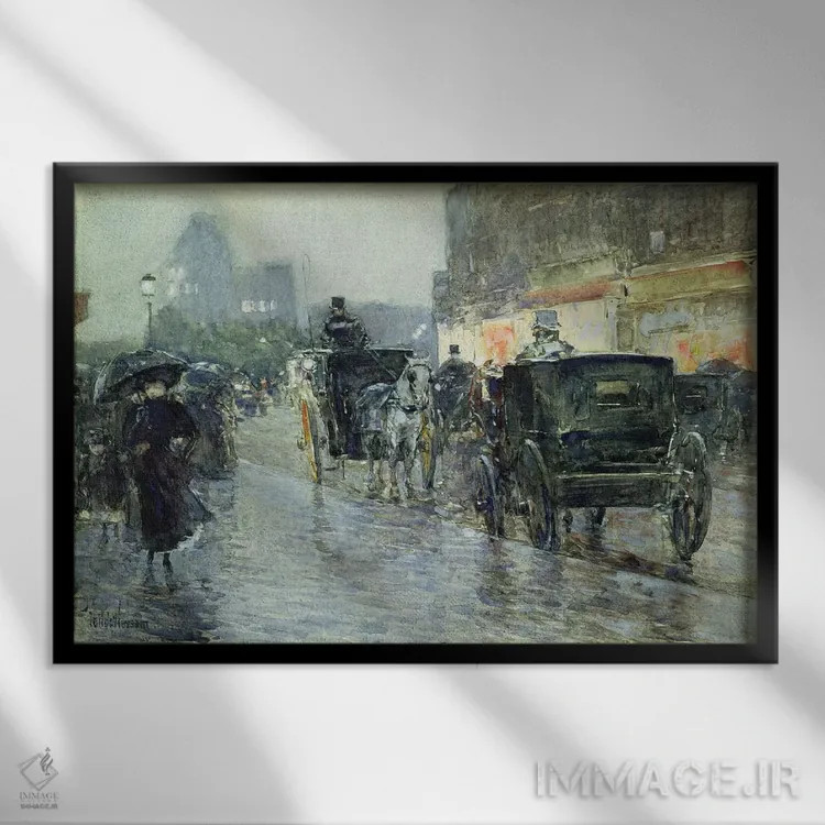 تابلو New York, c.1890,کالسکههای اسبی در شب، نیویورک، حدود ۱۸۹۰ اثر چایلد هسام (نقاش امپرسیونیست آمریکایی) - نمای قابدار مشکی