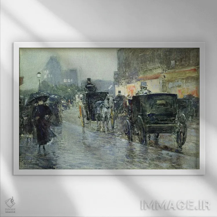 تابلو New York, c.1890,کالسکههای اسبی در شب، نیویورک، حدود ۱۸۹۰ اثر چایلد هسام (نقاش امپرسیونیست آمریکایی) - نمای قابدار سفید