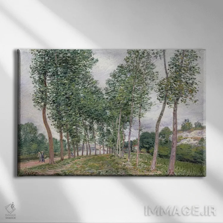 تابلو خیابان صنوبرها در امتداد ساحل رود لوئن، ۱۸۹۲ اثر آلفرد سیسلی (نقاش امپرسیونیست انگلیسی-فرانسوی) - نمای روبهرو روی دیوار