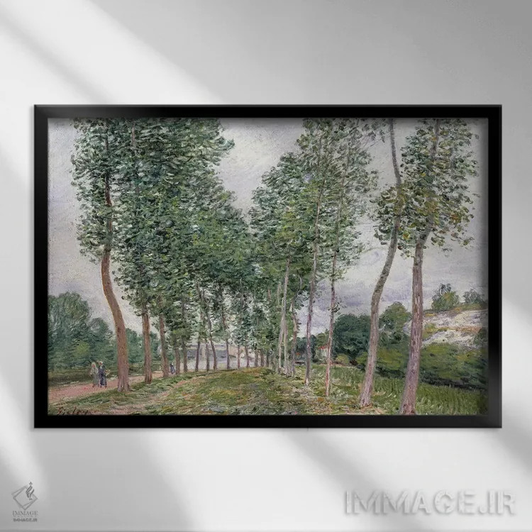 تابلو خیابان صنوبرها در امتداد ساحل رود لوئن، ۱۸۹۲ اثر آلفرد سیسلی (نقاش امپرسیونیست انگلیسی-فرانسوی) - نمای قابدار مشکی