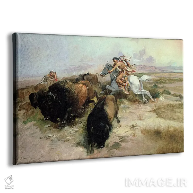 تابلو شکار بوفالو، ۱۸۹۷ اثر چارلز ماریون راسل (نقاش و مجسمهساز وسترن آمریکا) - نمای پرسپکتیو محصول