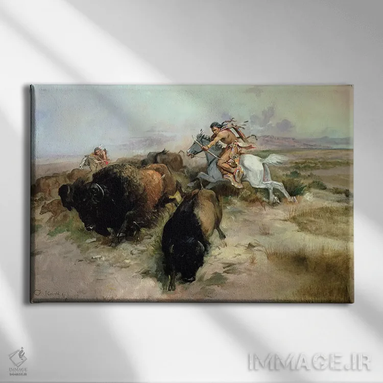 تابلو شکار بوفالو، ۱۸۹۷ اثر چارلز ماریون راسل (نقاش و مجسمهساز وسترن آمریکا) - نمای روبهرو روی دیوار