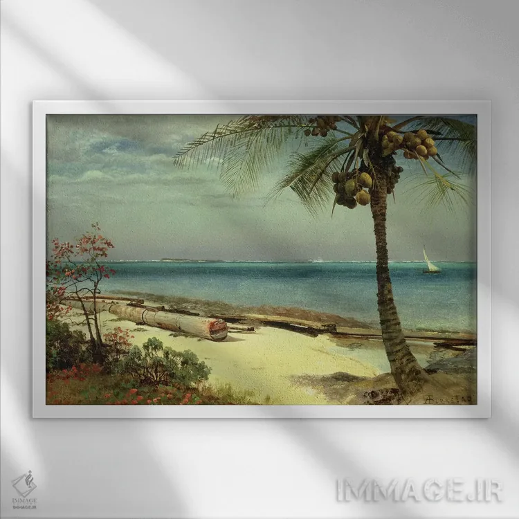 تابلو ساحل گرمسیری اثر آلبرت بیرشتات (نقاش منظره آمریکایی) - نمای قابدار سفید