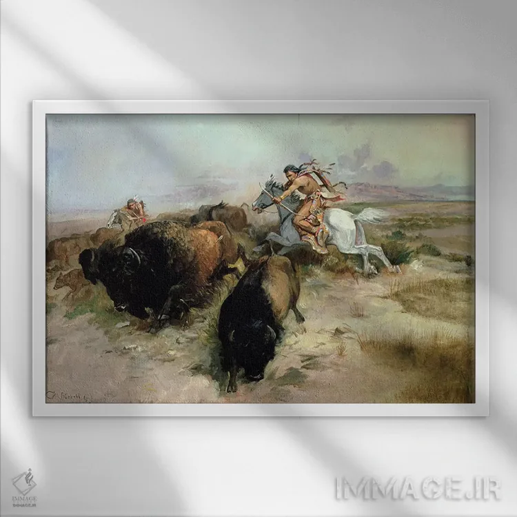 تابلو شکار بوفالو، ۱۸۹۷ اثر چارلز ماریون راسل (نقاش و مجسمهساز وسترن آمریکا) - نمای قابدار سفید