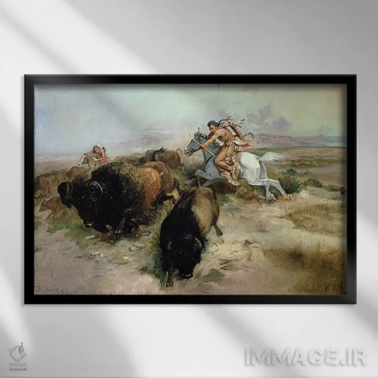 تابلو شکار بوفالو، ۱۸۹۷ اثر چارلز ماریون راسل (نقاش و مجسمهساز وسترن آمریکا) - نمای قابدار مشکی