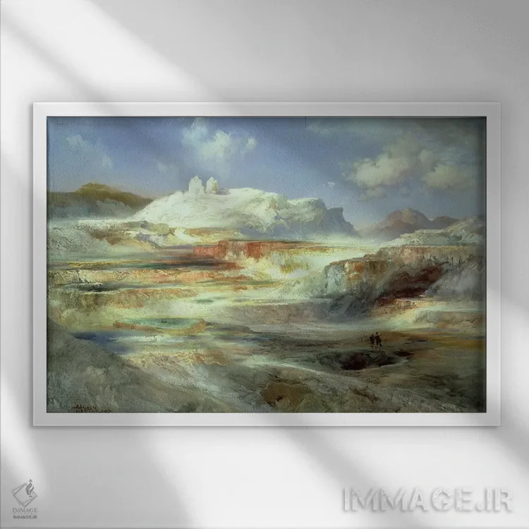 تابلو تراس ژوپیتر، یلواستون، ۱۸۹۳ (آمریکا) اثر توماس موران (نقاش منظره آمریکایی) - نمای قابدار سفید