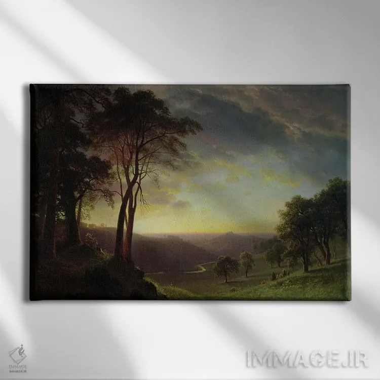 تابلو درهٔ رود ساکرامنتو اثر آلبرت بیرشتات (نقاش منظره آمریکایی) - نمای روبهرو روی دیوار