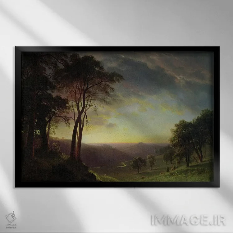 تابلو درهٔ رود ساکرامنتو اثر آلبرت بیرشتات (نقاش منظره آمریکایی) - نمای قابدار مشکی