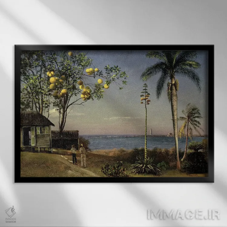 تابلو منظرهٔ گرمسیری اثر آلبرت بیرشتات (نقاش منظره آمریکایی) - نمای قابدار مشکی