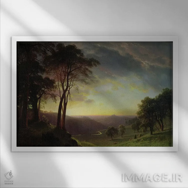 تابلو درهٔ رود ساکرامنتو اثر آلبرت بیرشتات (نقاش منظره آمریکایی) - نمای قابدار سفید