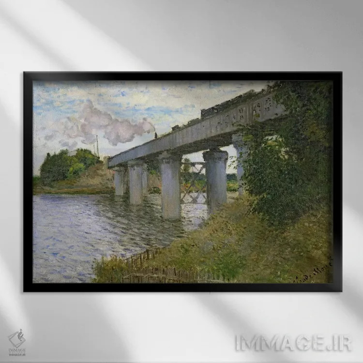 تابلو پل راهآهن در آرژانتوی، ۱۸۷۴ اثر کلود مونه (نقاش معروف فرانسوی) - نمای قابدار مشکی