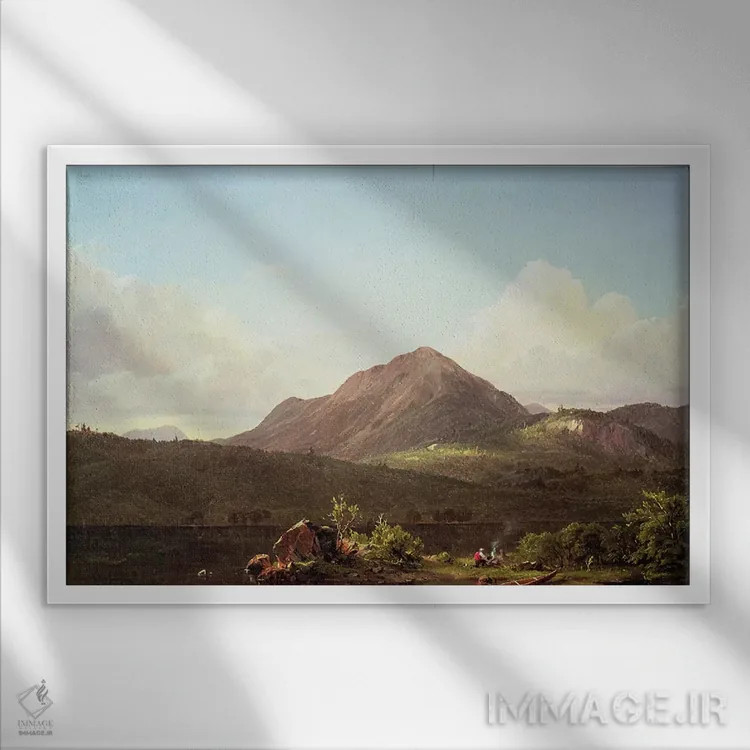 تابلو آتش اردو در طبیعت وحشی مین اثر فردریک ادوین چرچ (نقاش آمریکایی سبک هودسونریور) - نمای قابدار سفید