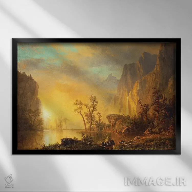 تابلو غروب در کوههای راکی اثر آلبرت بیرشتات (نقاش منظره آمریکایی) - نمای قابدار مشکی