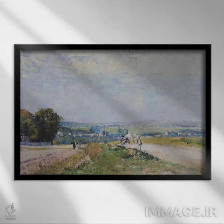 تابلو جاده به مونبویسون در لووسین، ۱۸۷۵ اثر آلفرد سیسلی (نقاش امپرسیونیست انگلیسی-فرانسوی) - نمای قابدار مشکی