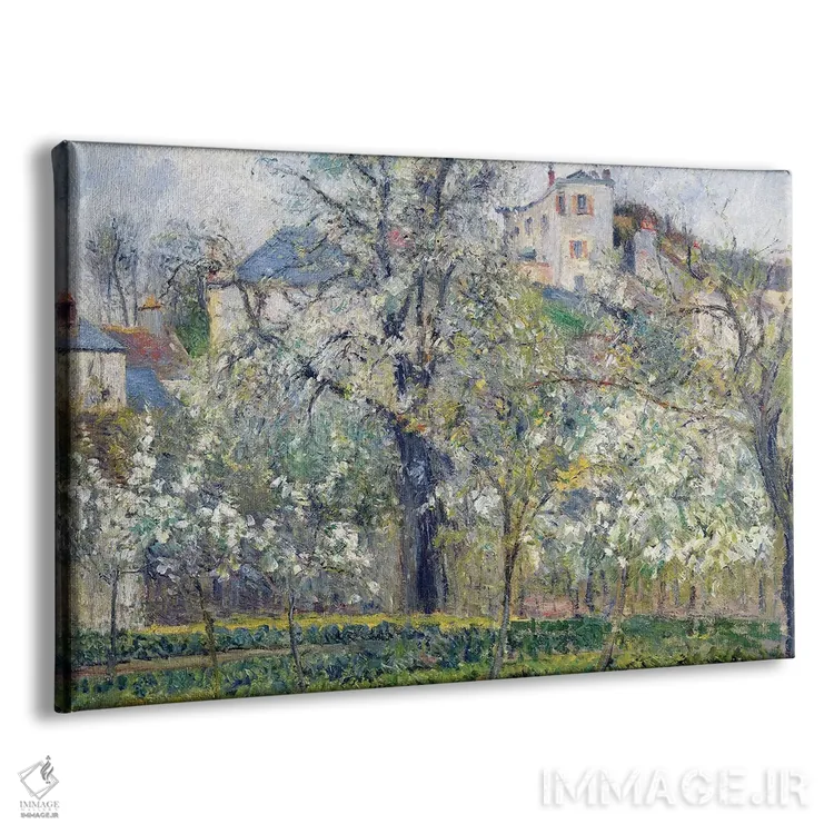 تابلو باغ سبزیجات با درختان شکوفهدار، بهار، پونتواز، ۱۸۷۷ اثر کامی یِل پیسارو (نقاش فرانسوی امپرسیونیست) - نمای پرسپکتیو محصول