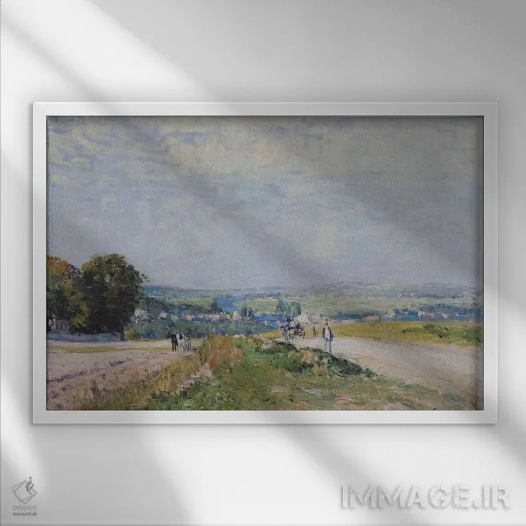 تابلو جاده به مونبویسون در لووسین، ۱۸۷۵ اثر آلفرد سیسلی (نقاش امپرسیونیست انگلیسی-فرانسوی) - نمای قابدار سفید