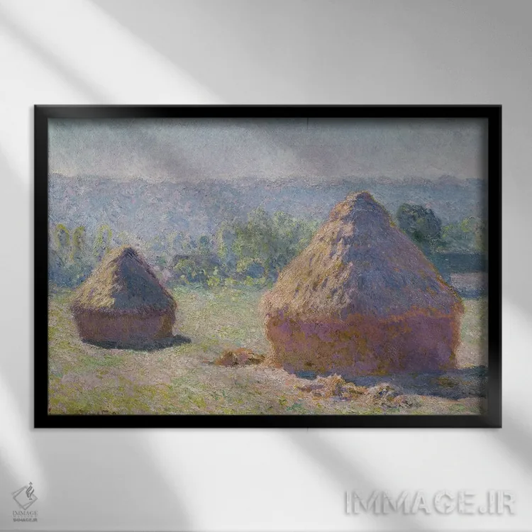 تابلو تودههای گندم در پایان تابستان، جلوهٔ صبحگاهی، ۱۸۹۱ اثر کلود مونه (نقاش معروف فرانسوی) - نمای قابدار مشکی