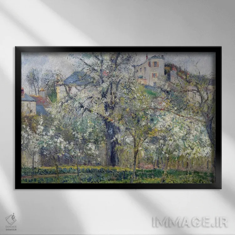 تابلو باغ سبزیجات با درختان شکوفهدار، بهار، پونتواز، ۱۸۷۷ اثر کامی یِل پیسارو (نقاش فرانسوی امپرسیونیست) - نمای قابدار مشکی