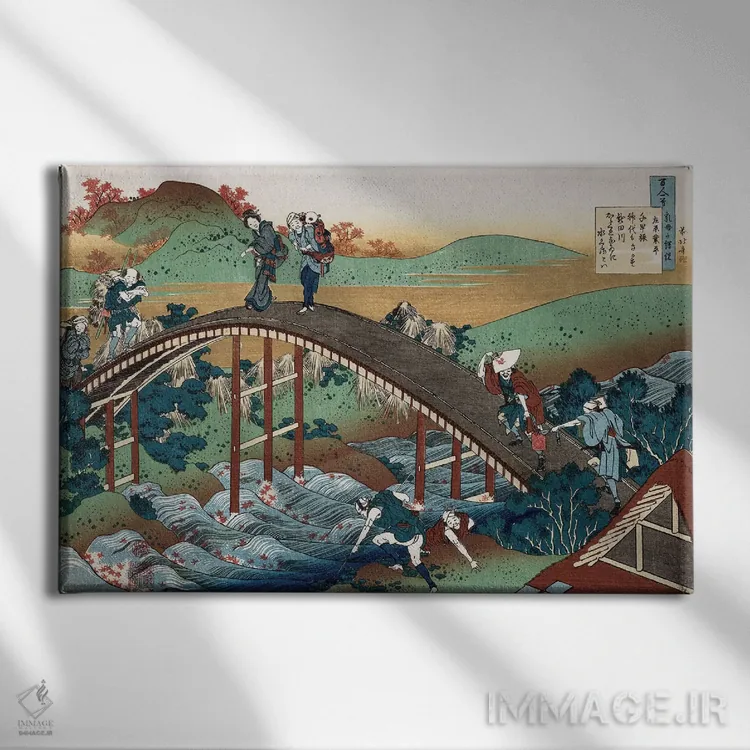 تابلو برگهای پاییزی بر رود تسوتایا، از مجموعه "صد شعر روایتشده توسط پرستار"، حدود ۱۸۳۹ اثر کاتسوشیکا هوکوسای (نقاش و هنرمند ژاپنی) - نمای روبهرو روی دیوار