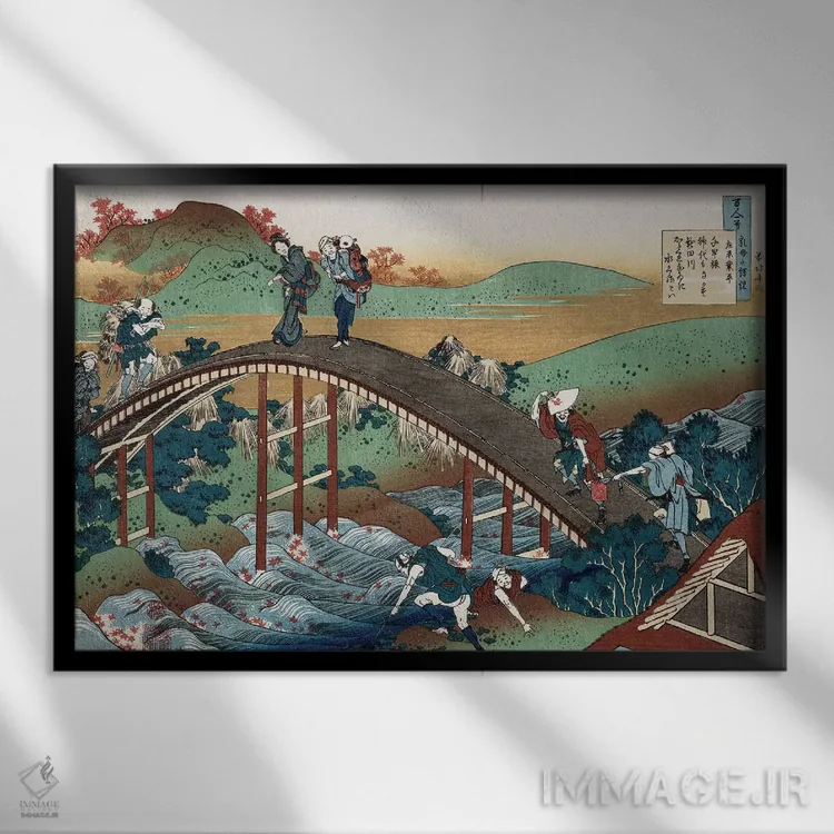 تابلو برگهای پاییزی بر رود تسوتایا، از مجموعه "صد شعر روایتشده توسط پرستار"، حدود ۱۸۳۹ اثر کاتسوشیکا هوکوسای (نقاش و هنرمند ژاپنی) - نمای قابدار مشکی