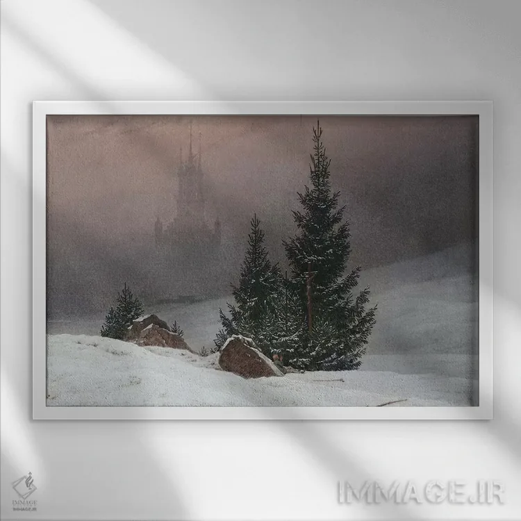 تابلو چشمانداز زمستانی با کلیسا، حدود ۱۸۱۱ اثر کاسپار داوید فریدریش (نقاش رمانتیک آلمانی) - نمای قابدار سفید