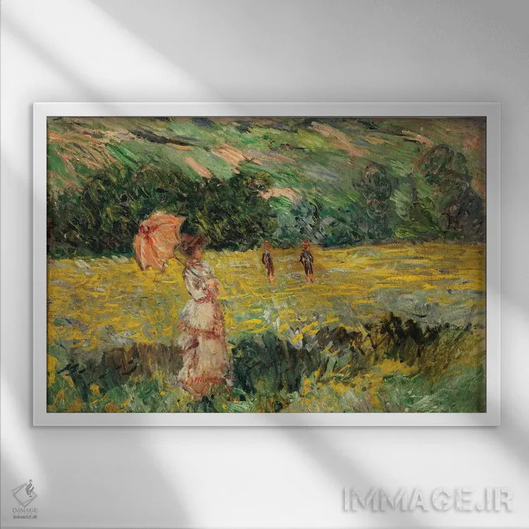 تابلو چمنزار لیمه، ۱۸۸۷ اثر کلود مونه (نقاش معروف فرانسوی) - نمای قابدار سفید