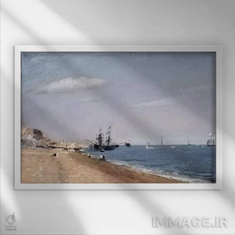 تابلو ساحل برایتون با کشتیهای باری، ۱۸۲۴ اثر جان کانستبل (نقاش انگلیسی) - نمای قابدار سفید